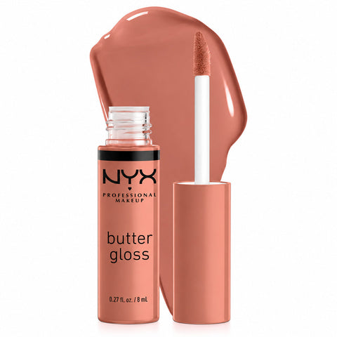 NYX Butter Gloss Lipgloss Sugar High in zartem Pfirsich-Nude mit Applikator und Farbtupfer, Pack-Shot