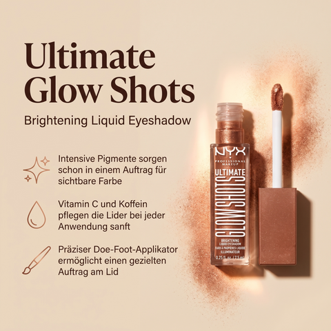 NYX Glow Shots flüssiger Lidschatten in Bronze mit Pigmentstaub, Vorteile-Grafik zu Vitamin C und Applikator