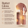 NYX Butter Gloss Lipgloss Butterscotch, Vorteile-Grafik zu buttriger Textur und nicht klebender Formel