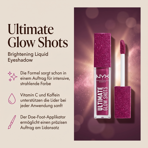 NYX Glow Shots flüssiger Lidschatten in Beerenlila mit Glitzerkappe, Vorteile-Grafik zu Formel und Applikator