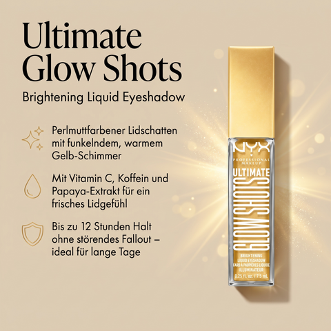NYX Glow Shots flüssiger Lidschatten mit Vitamin C und Koffein, Vorteile-Grafik mit goldgelber Flasche