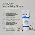 Round Lab Birch Juice Reinigungsgel vor Birkenholz, daneben Vorteile zu Birkensaft, Hyaluronsäure und Schaum