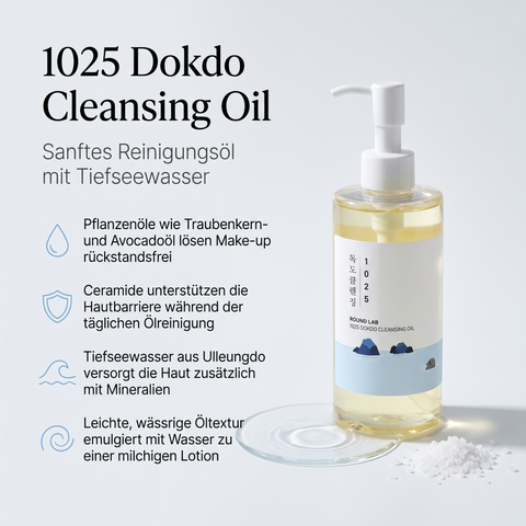 Round Lab Reinigungsöl in der Pumpflasche mit Meersalz und Ölfilm, daneben Vorteile zu Pflanzenölen und Ceramiden