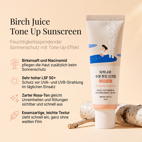 Round Lab Tone-Up Sonnencreme vor Birkenstämmen, daneben Vorteile zu LSF 50+, Rosa-Ton und leichter Textur