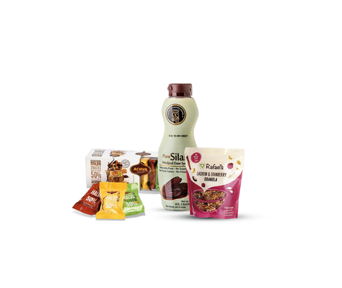 Genuss-Kombi: Cashew-Cranberry Granola, Dattelsirup & Feine Halva