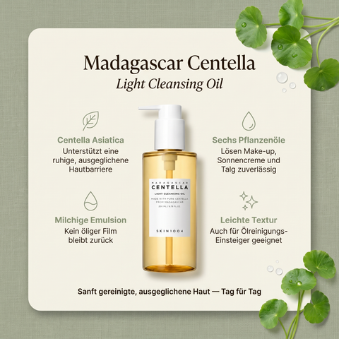 SKIN1004 Centella Light Cleansing Oil zwischen Centella-Blättern, mit Vorteile-Grafik zu Pflanzenölen und milchiger Emulsion