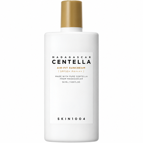 SKIN1004 Centella Air-Fit Suncream SPF50+ PA++++: weiße Flasche mit goldener Kappe, freigestelltes Produktfoto