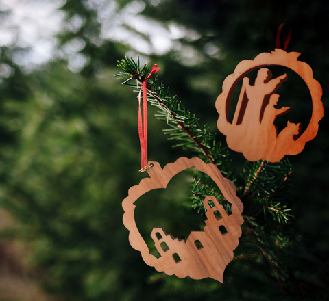 Beautiful Christmas decorations made of olive wood