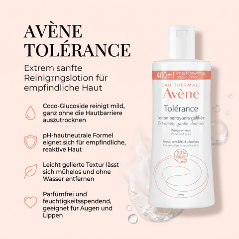 Vorteile der Avène Reinigungslotion: Coco-Glucoside reinigt mild, pH-hautneutrale Formel für empfindliche Haut, gelierte Textur ohne Abspülen, parfümfrei für Augen und Lippen geeignet