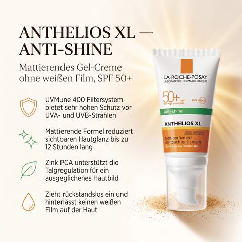 Vorteile der La Roche-Posay Sonnencreme mattierend: UVMune 400 Filtersystem für hohen UV-Schutz, mattierende Formel bis zu 12 Stunden, Zink PCA reguliert Talg, zieht rückstandslos ein