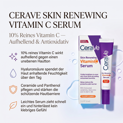 Vorteile des CeraVe Vitamin C Serums: 10% reines Vitamin C wirkt aufhellend, Hyaluronsäure spendet Feuchtigkeit, Ceramide und Panthenol stärken die Hautbarriere, leichtes Serum ohne klebriges Gefühl
